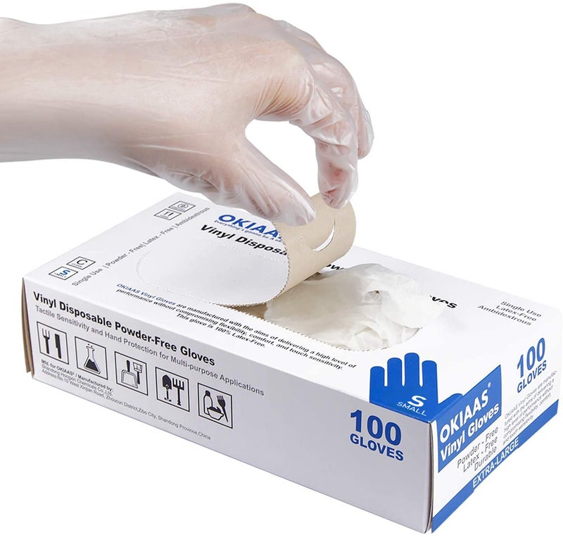 OKIAAS Disposable Gloves S Food Safe Bulk of 100 PcsLatex and PowderFree Clear Vinyl Gloves for Cleaning Food Prep